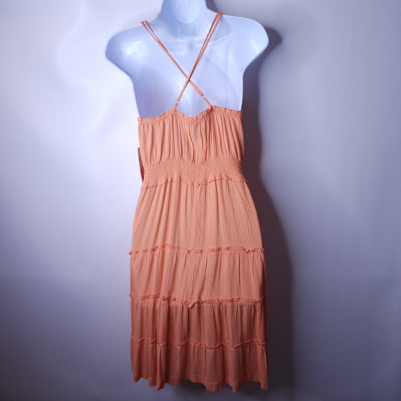 Hot Kiss Sun Dress Tiered Peach Coral Smocked Size Large Adjustable Straps NWT - Picture 4 of 11